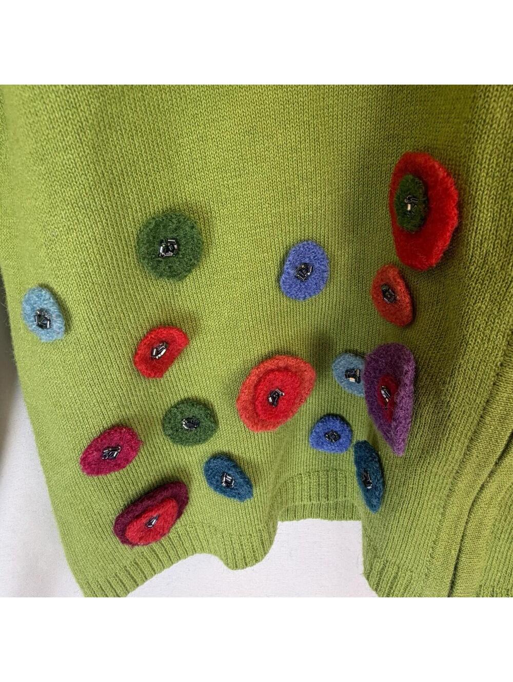 Acorn Patchwork Full Zip Collared Cardigan Green Whimsical Accents Unique Med - Picture 2 of 9